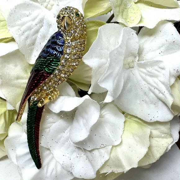 Vintage Parrot Brooch Pin Enamel N Rhinestone Goldtone - Picture 2 of 7